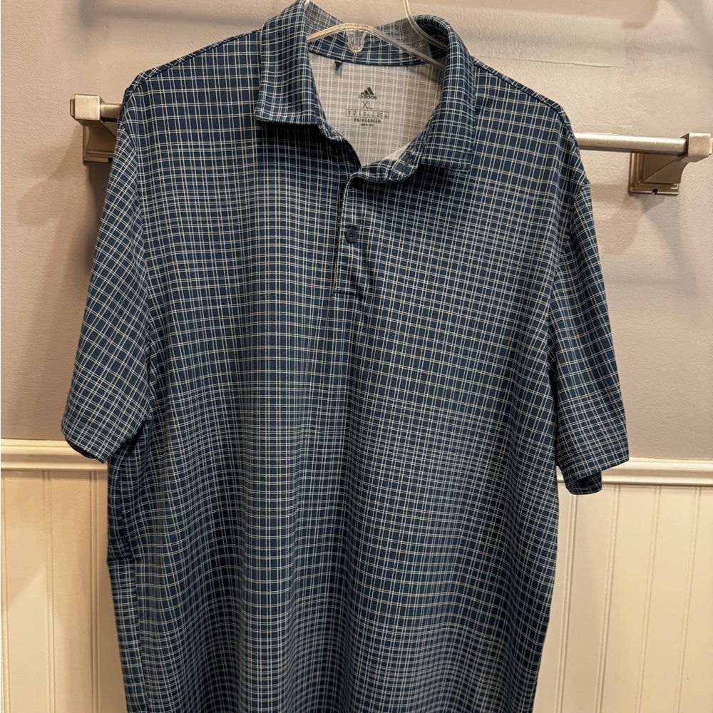 adidas Blue Plaid Short-Sleeve Polo